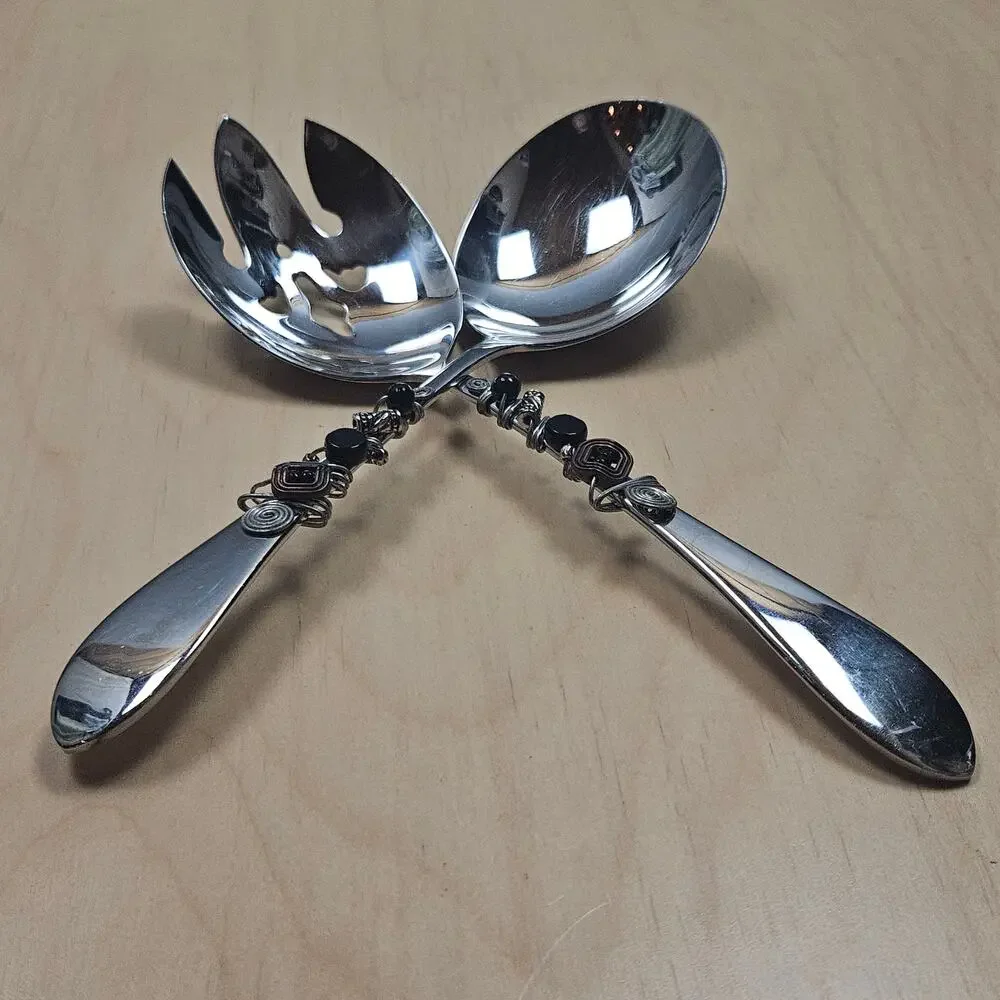 RARE Gorham 18/10 Stainless Wired beaded salad serving utensils Silver and Black